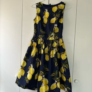 Navy and Yellow Lemon Print Casual Dress